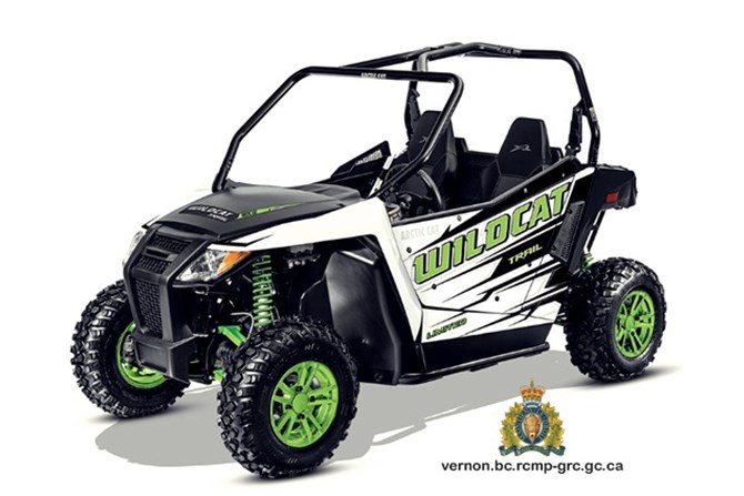 Police are looking for a 2017 Arctic Cat Wildcat Trail Limited, similar to the one in this photo submitted by RCMP, stolen from a property on Westside Road near Vernon.