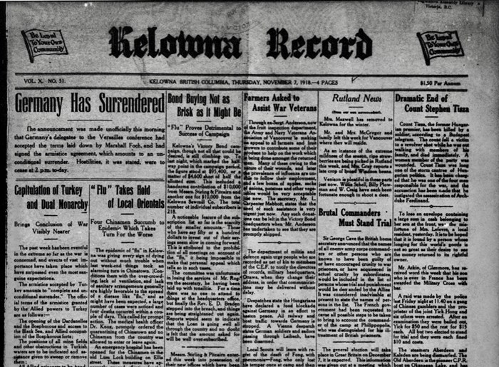 The Nov. 7, 1918 edition of the Kelowna Record called an early end to the Second World War.
