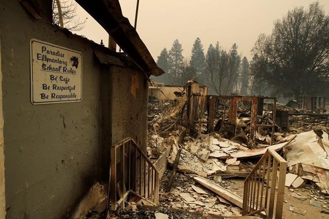 A sign hangs on a wall at the Paradise Elementary School destroyed by the Camp Fire, Tuesday, Nov. 13, 2018, in Paradise, Calif.