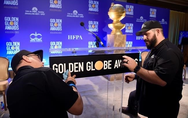 John Langhammer, left, and Brian Cooper, of Crews Unlimited II, set up the podium prior to the announcements of the nominations for the 76th Annual Golden Globe Awards at the Beverly Hilton hotel on Thursday, Dec. 6, 2018, in Beverly Hills, Calif. The 76th annual Golden Globe Awards will be held on Sunday, Jan. 6, 2019.