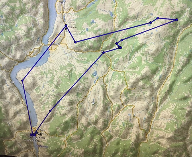 Helicopter track of Penticton Search and Rescue as the unit was called to three rescues in the area on Sunday afternoon, Dec. 16, 2018.