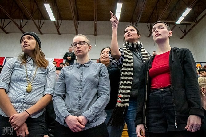A woman who identified herself as Tilly (second from right) asks Prime Minister Justin Trudeau a question regarding the oppression and suffering of Indigenous people at a town hall meeting in Kamloops on Wednesday, Jan. 9, 2019.