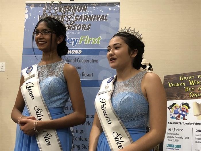 Queen Silver Star Angitha Mriduraj, left, and Princess Silver Star MacKenzie Kuziw address the crowd at the carnival launch event.
