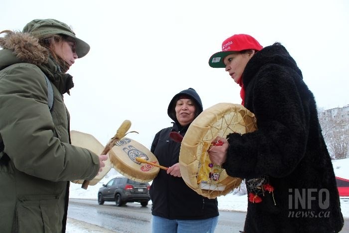 Protestors drumming and singing outside the hotel Prime Minister Justin Trudeau was set to speak at in Kamloops on Wednesday, Jan. 9, 2019.