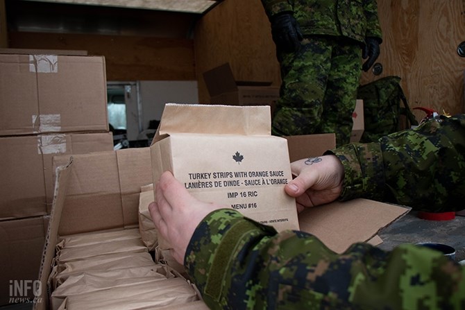 Military personnel get rations, which are non-perishable and contain something approaching 2000 calories. They include a meal, bread, desert, a snack bar of some sort, a couple of drink mixes and a mint.