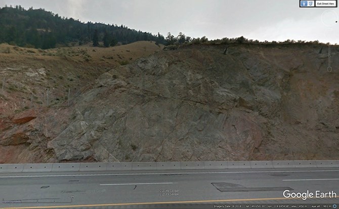 Dr. Dwayne Tannant says this photo shows the failure area in the mountainside above Highway 97 north of Summerland, noting visible geological structures he believes contributed to the slide.