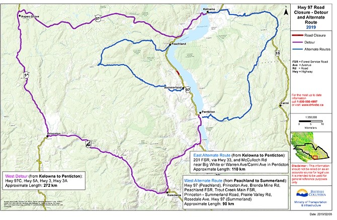 A new west side route around the slide area on Highway 97 is now open, using the Princeton Summerland Road to the Trout Creek and Peachland Forest Service Roads.