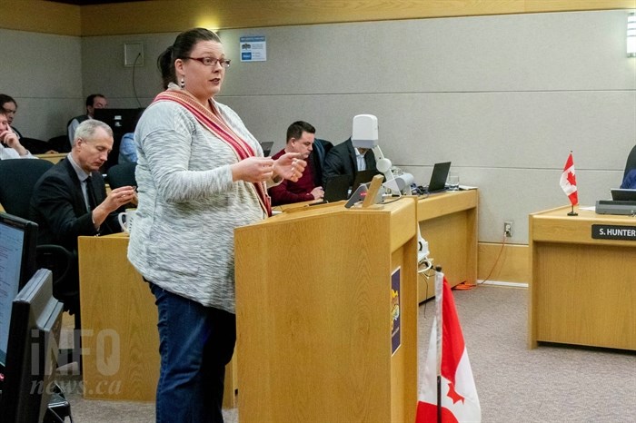 Jaqueline Driver who is a Michif family support worker at the Lii Michif Otipemisiwak family service centre voices her opposition to the retail cannabis store proposed near the centre on Feb. 12, 2019. Driver says while she is not opposed to retail cannabis stores she is opposed to putting one near the facility servicing vulnerable populations, including people living with addictions.