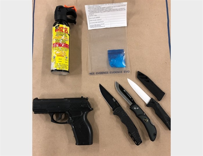 A BB gun, bear spray and knives were seized by members of the Combined Forces Special Enforcement Unit in Kamloops.
