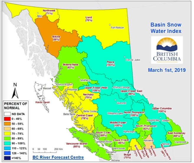 March 1, 2019 data from River Forecast Centre shows snowpack levels throughout the province.