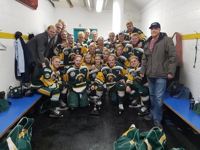 Members of the Humboldt Broncos junior hockey team are shown in a photo posted to the team Twitter feed, @HumboldtBroncos on March 24, 2018 after a playoff win over the Melfort Mustangs.