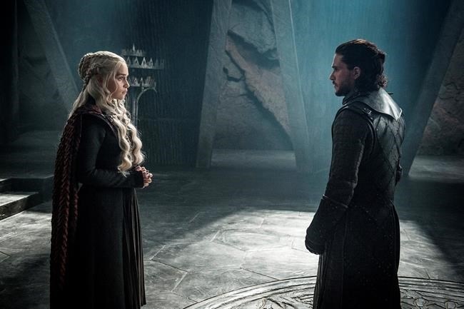 This photo provided by HBO shows Emilia Clarke as Daenerys Targaryen and Kit Harington as Jon Snow in a scene from HBO's 