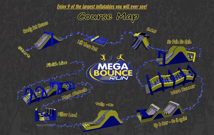 A map of the nine inflatable obstacle courses coming to Kamloops on May 11, 2019, as part of the Mega Bounce Run at Riverside Park. 