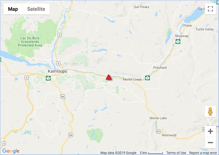 A map shows where traffic is currently being impacted due to a vehicle fire on Tuesday, April 30, 2019 on Highway 1, slightly east of Kamloops.