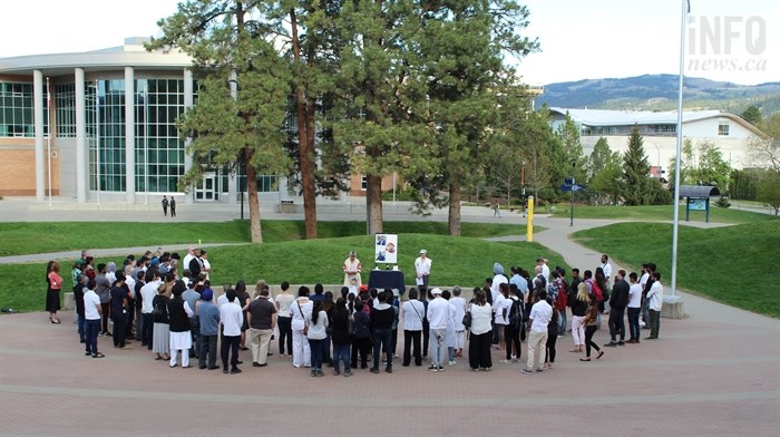Dozens of people gathered outside the Campus Activity Centre on Tuesday, May 7, 2019, to remember Rahul Asnani, 23, an international student from India who drowned in the North Thompson River. Police recovered his body from the river on May 4, 2019.