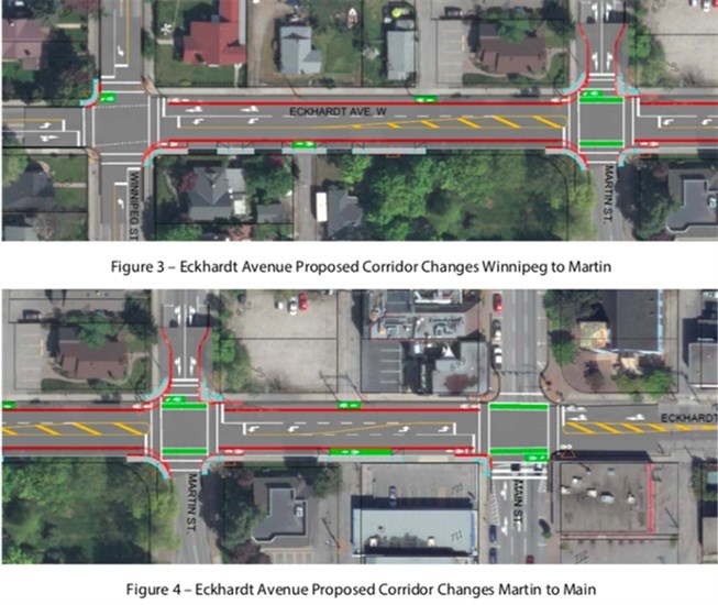 Changes to a section of Eckhardt Avenue will see a narrowing of the roadway for additional parking stalls and more streamlined pavement markings. City engineers have determined the street's traffic flows do not warrant four lanes. Similar improvements are planned for Westminster Avenue.