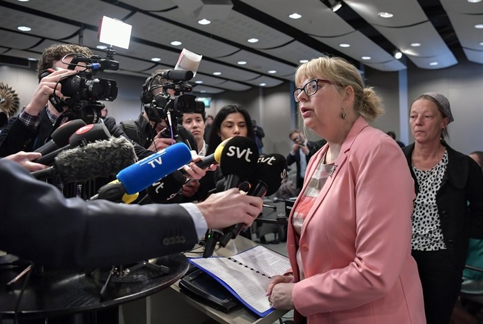 Vice chief prosecutor Eva-Marie Persson speaks at a press conference in Stockholm, Sweden, Monday May 13, 2019. Swedish prosecutors are to reopen rape case against WikiLeaks founder Julian Assange, a month after he was removed from the Ecuadorian Embassy in London.