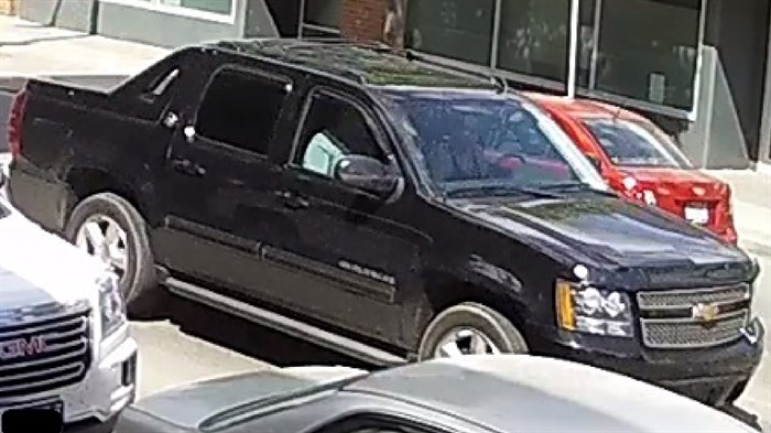 A black 2013 Chevrolet Avalanche has been identified as the suspect vehicle involved in a stabbing that occurred on May 15, 2019, on Tranquille Road.
