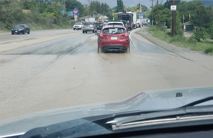 A water main break is impacting traffic on Highway 97 in Lake Country, Thursday, May 23, 2019.