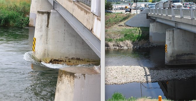 The Okanagan River Channel spring freshet, at left, June 27, 2017, and this year, May 24, 2019.