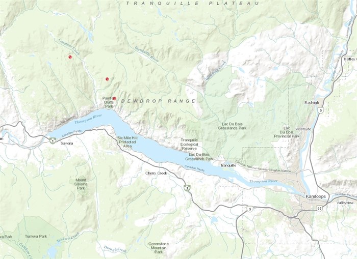 The three red dots indicate the location of the three wildfires burning near Savona.