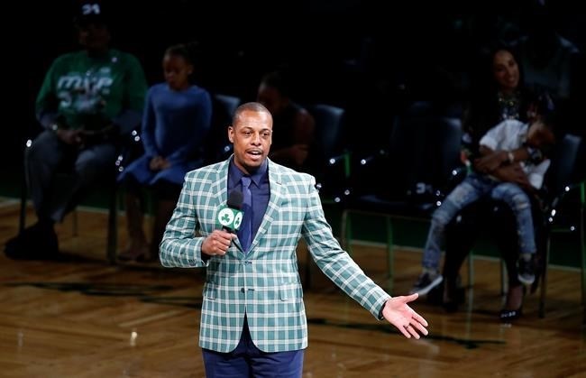 Former Boston Celtics Paul Pierce address the crowd during a ceremony to retire his number following an NBA basketball game against the Cleveland Cavaliers in Boston, Sunday, Feb. 11, 2018. Even when Pierce says something good about the Raptors, Toronto fans just can't get behind the former NBA all-star. 