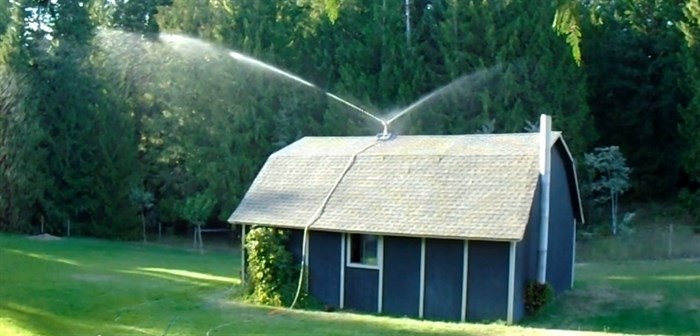 The rooftop sprinkler in action.
