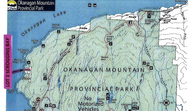 This map shows part of Okanagan Mountain Park where the private land is situated.