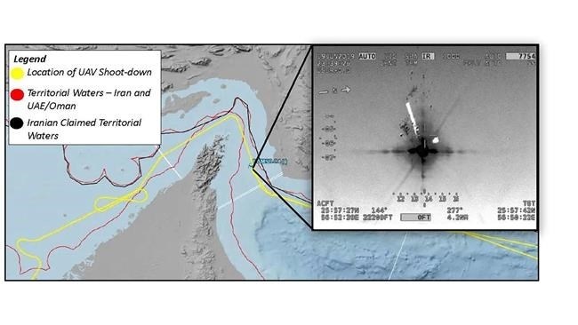 This image released Friday, June 21, 2019 by the U.S. military's Central Command shows what it describes as the flight path and the site where Iran shot down a U.S. Navy RQ-4A Global Hawk in the Strait of Hormuz on Thursday, June 20, 2019. Iran says it shot down the drone over Iranian territorial waters. Iran's Revolutionary Guard shot down the drone amid heightened tensions between Tehran and Washington over its collapsing nuclear deal with world powers.
