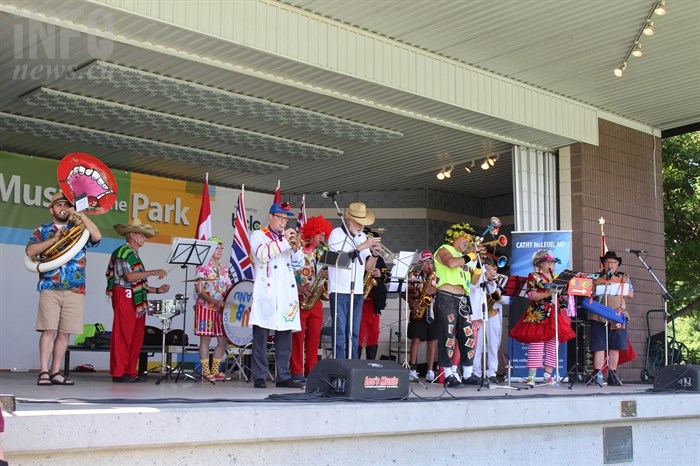The colourfully clad Rube Band welcomed Conservative leader Andrew Scheer to the stage.