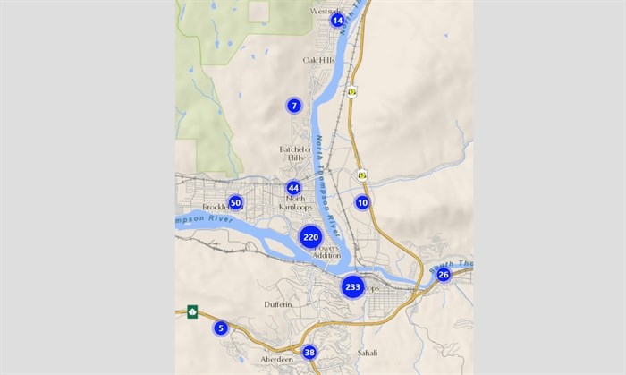 A graphic map shows the origin and number of overdose calls collected from June 2018 to May 2019 in Kamloops. It shows a total of 647 overdose calls with the remaining 25 calls outside the map area.