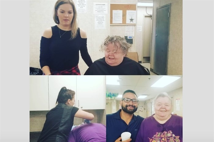 A photo from a past event held by the Haircuts for Hope program. The program was started by the Infinite Expansion Foundation founded by Augustino Duminuco pictured in the bottom right. A woman poses with hairstylist Rylee Gray and has her washed by volunteer Brooke Anthony.