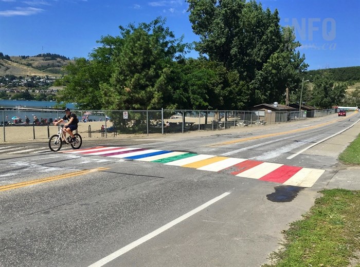 By 11 a.m. July 22, 2019, District of Coldstream crews had cleaned up the white paint on the vandalized rainbow crosswalk at Kal Beach.
