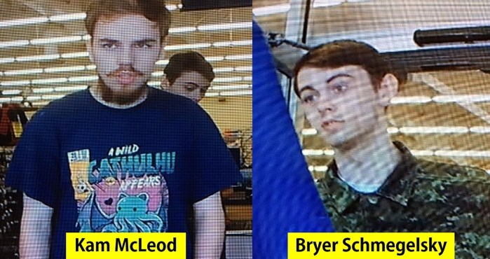 Security camera images recorded in Saskatchewan of Kam McLeod, 19, and Bryer Schmegelsky, 18.