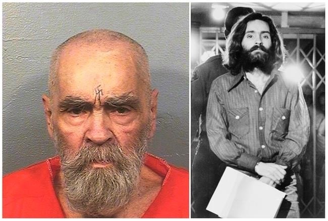 FILE - This combination of file photos shows Charles Manson on Aug. 14, 2017, left, in a photo provided by the California Department of Corrections and Rehabilitation, and on Dec. 22, 1969, right, leaving a Los Angeles courtroom. Fifty years ago, Manson dispatched a group of disaffected young hippie followers on a two-night killing spree that terrorized Los Angeles. On successive nights in August 1969, the so-called Manson family murdered seven people. Manson died in prison on Nov. 19, 2017. 