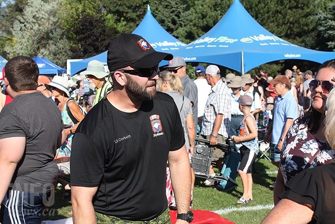 Skyhawks Leading Seaman Master Matthew Corbett had a hard time keeping up with all the questions spectators had for him after the parachute team's performance in Penticton this afternoon, Aug. 7, 2019.
