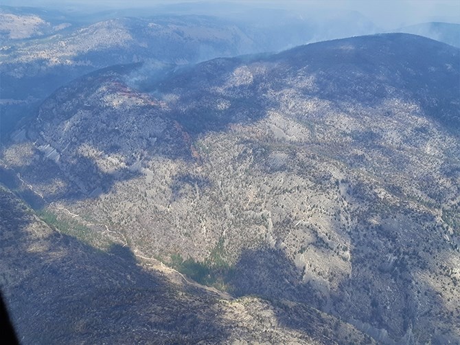 The Eagle Bluff wildifre is now burning away from structures along the mountain top north and east of Oliver this morning, Aug. 12, 2019.
