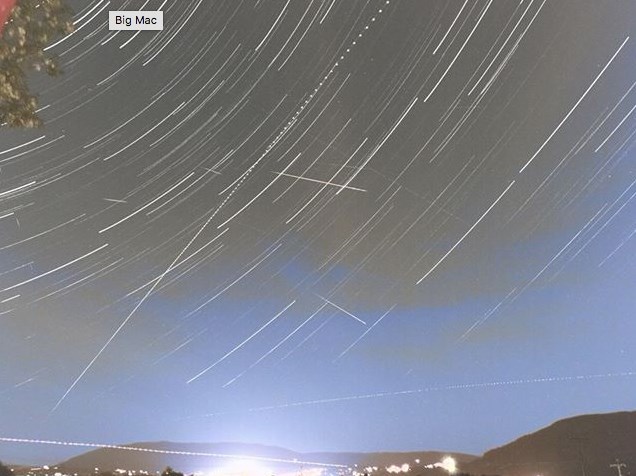 This time-lapse shot of the Perseid meteor shower over Salmon Arm shows the busy night sky with the city below.