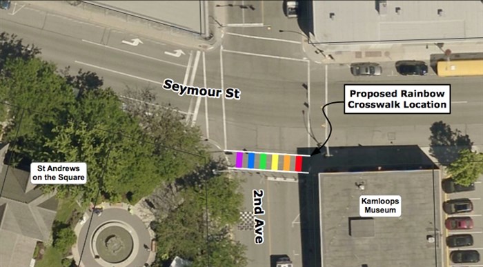 The location for the crosswalk is between St. Andrew's on the Square and the Kamloops Museum.