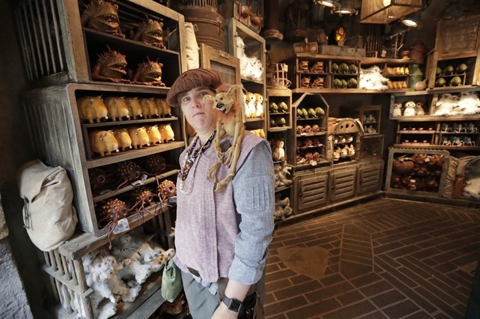 A shop keeper displays creatures that will sit on your shoulder and other merchandise for sale during a preview of the Star Wars themed land, Galaxy's Edge in Hollywood Studios at Disney World, Tuesday, Aug. 27, 2019, in Lake Buena Vista, Fla. The attraction will open Thursday to park guests. 