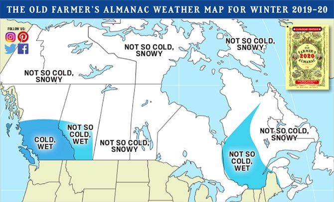 The Farmer's Almanac prediciton for Kamloops and the Okanagan this winter is for some cold weather with less snow but more forms of other precipitation.