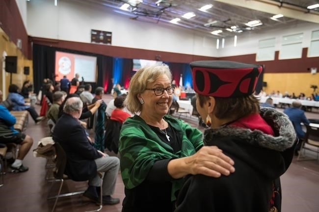 Green Party Leader Elizabeth May, left, and NDP candidate for Central Okanagan-Similkameen-Nicola, and wife of Grand Chief Stewart Phillip, Joan Phillip, greet each other before speaking at the B.C. Assembly of First Nations annual general meeting at the Musqueam First Nation, in Vancouver on Thursday, Sept. 19, 2019. 