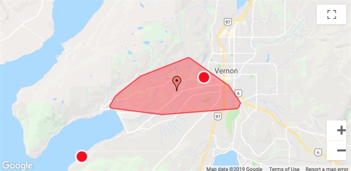 A map of one of two power outages in Vernon, Thursday, Sept. 26, 2019.