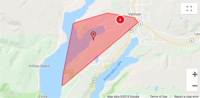 A map of one of two power outages in Vernon, Thursday, Sept. 26, 2019.