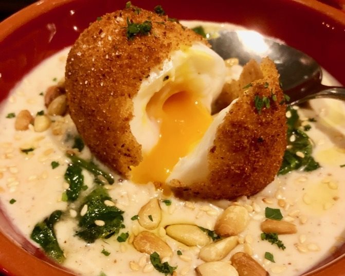 Dinner at Barcelona is a must! This Huevo y Ajo Blanco - crispy free range egg with light Spanish almonds & garlic cream, spinach, sesame, pine nuts - was amazing!