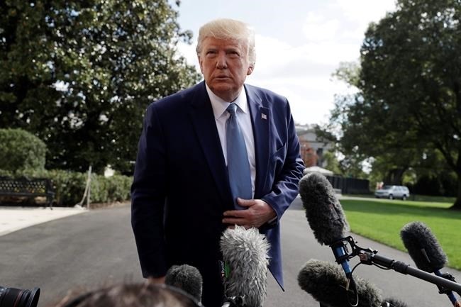 President Donald Trump talks to reporters on the South Lawn of the White House, Friday, Oct. 4, 2019, in Washington.