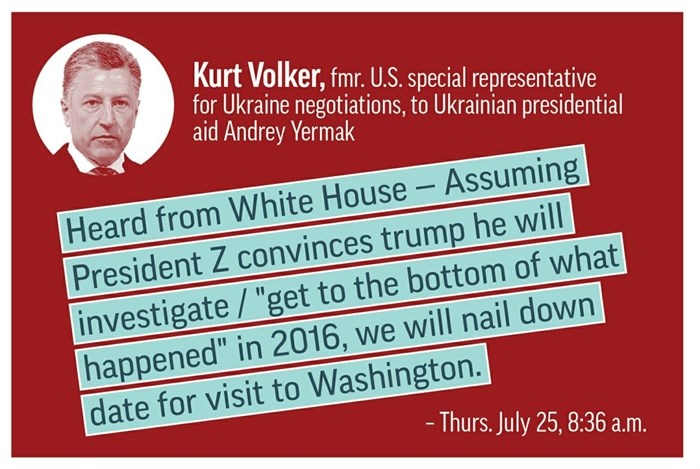 Graphic illustration highlights a text quote between U.S. special representative Kurt Volker and Ukrainian presidential aide Andrey Yermak ahead of the Trump-Zelensky call.