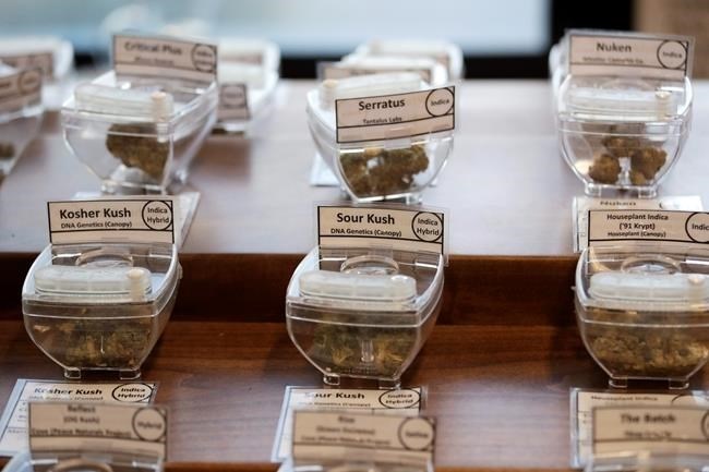 In this Wednesday, Oct. 9, 2019 photo, samples of marijuana, in tamper-proof containers that are secured with cables, are displayed at Evergreen Cannabis, a marijuana retail shop, in Vancouver, B.C. The nation has seen no sign of increases in impaired driving or underage use since Canada joined Uruguay as the only nations to legalize and regulate the sale of cannabis to adults _ those over 19 in most Canadian provinces. 