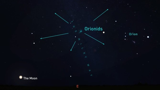 Location of the Orionid meteor shower in tonight's night sky, Oct. 22, 2019.