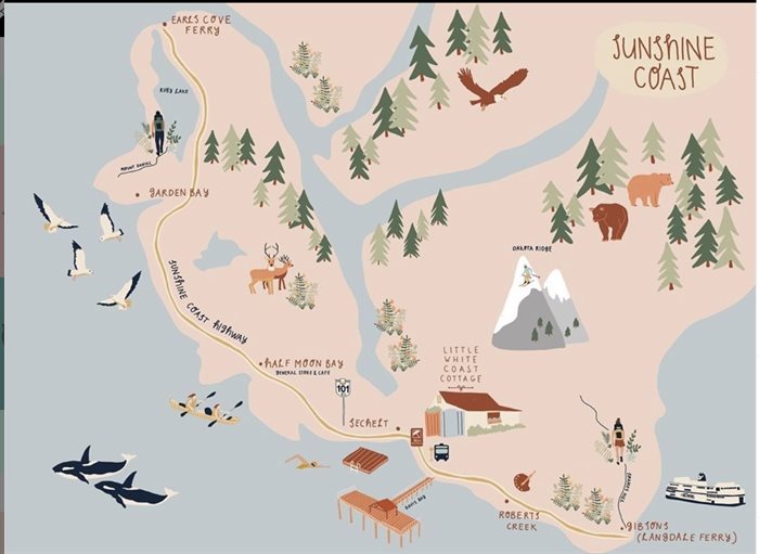 Love this map of the Sunshine Coast created by Vancouver illustrator Renske Warner.